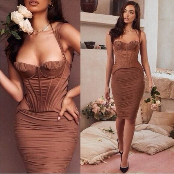 NWT House of CB Talya Corset Dress Nude Satin Mesh Midi Bodycon Size XS - Picture 1 of 13